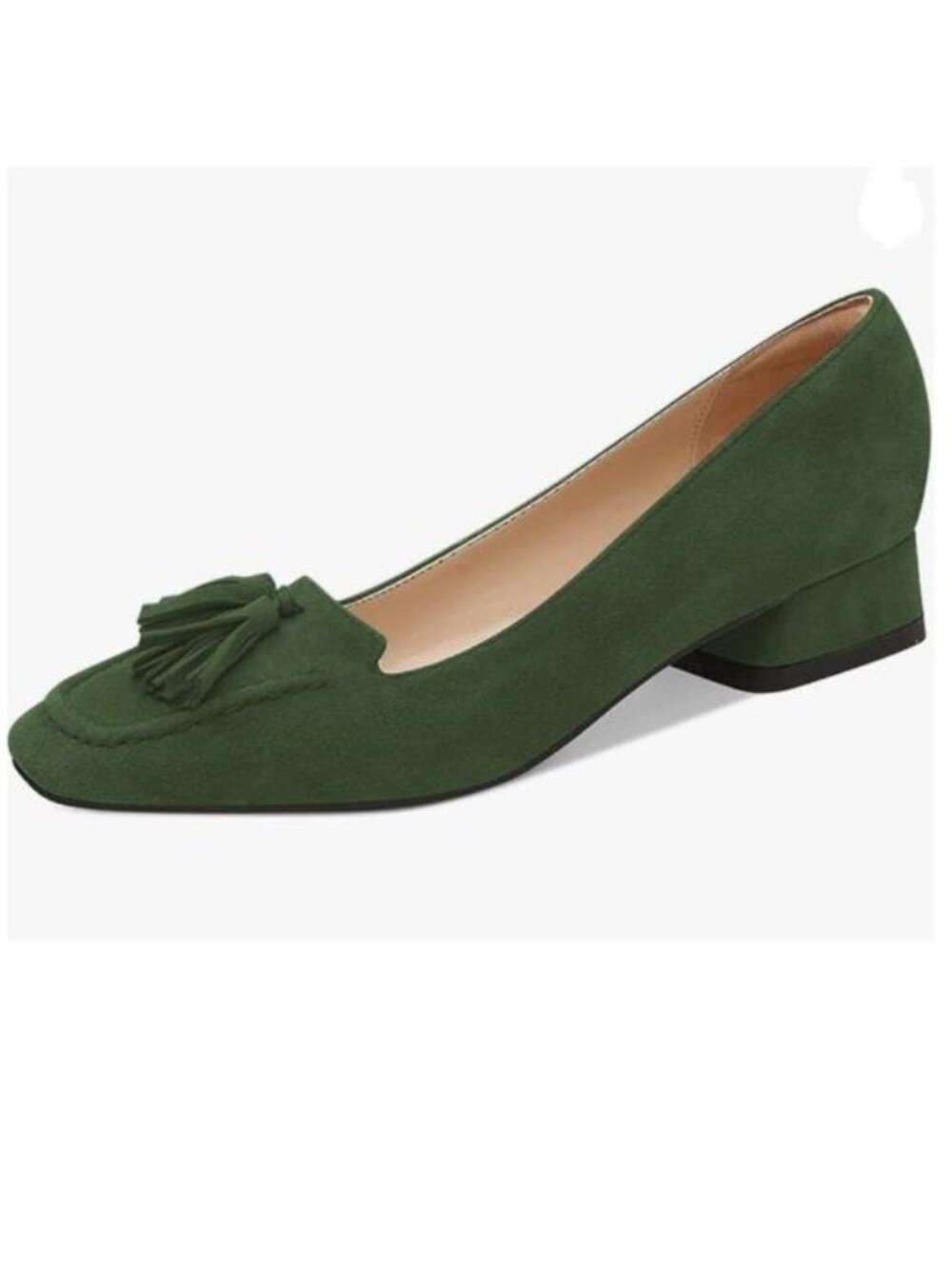 YDN Dark Green Block Low Heel Loafers Square Toe Tassel Fringed Slip On Pumps